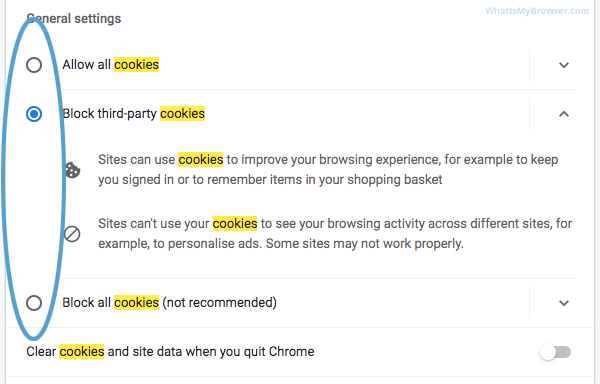 A janela de configurações de cookies